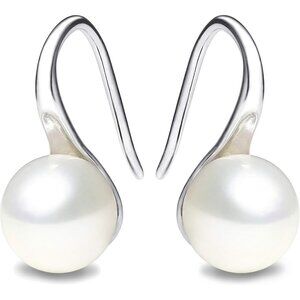 925 Sterling Silver Hoop Handpicked AAA+ Quality 7.5-8mm Dangle Drop Earrings